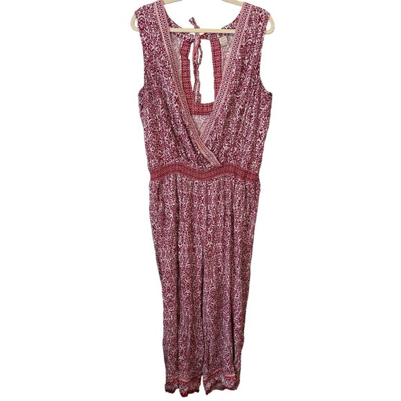 Loft Pink & White Sleeveless Patterned Jumpsuit Smocked Waist Deep V-neck - Picture 1 of 7